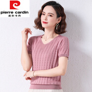 皮爾卡丹（pierre cardin）夏季鏤空冰絲針織衫薄款寬松時(shí)尚洋氣短袖T恤v領(lǐng)百搭套頭上衣 粉紅色今年流行的輕奢品牌 S 建議70-85斤