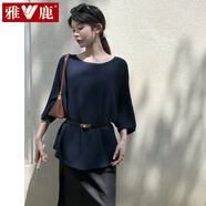 雅鹿法式圓領(lǐng)冰絲五分袖針織衫女夏配腰帶慵懶感罩衫氣質(zhì)百搭寬松上衣 藏藍(lán)色 S