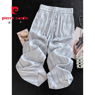 皮爾卡丹（PIERRE CARDIN）條紋冰絲亞麻闊腿褲女夏季薄款扎染設(shè)計(jì)感高腰寬松顯瘦休閑直筒褲 淺灰色 M :【90-105斤】