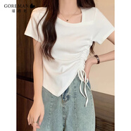 哥瑞美2025夏季新款時(shí)尚不規則下擺個(gè)性設計感斜領(lǐng)抽繩短袖T恤女上衣 白色 M