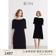 EIN言輕禮服高知感喬絨花邊拼接一字領(lǐng)落肩袖連衣裙2025夏新款 石墨黑 S