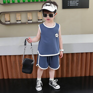 貝嬰初（BEIYINGCHU）童裝2025夏季新款兒童背心套裝純棉寶寶無(wú)袖短褲韓版男女童衣服 深藍足球 90 (建議身高80-90cm)