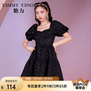 糖力【商場同款】春夏新款甜美泡泡袖方領(lǐng)露背燙鉆提花連衣裙女 黑色 XS
