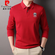皮爾卡丹（pierre cardin）長袖T恤春秋季新款商務(wù)休閑刺繡青年修身高端男裝Polo衫體恤上衣 大紅 M