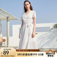 Olrain歐芮兒夏裝短袖V領(lǐng)波點連衣裙女中長款蛋糕裙很仙小眾裙子 白色 S