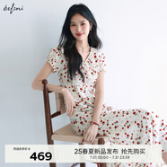 伊芙麗（eifini）伊芙麗V領(lǐng)高腰線設(shè)計長款碎花連衣裙女2025夏季新款氣質(zhì)茶歇裙子 米白 S
