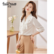妤遇（YUUZYUUS）品牌女裝襯衫女2025春秋新款高級感荷葉邊氣質(zhì)小個子醋酸緞面上衣 白色 M
