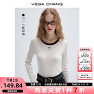 VEGA CHANG針織衫女2025年春秋季新款撞色圓領修身顯瘦長袖打底上衣 柔霧白 均碼