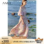 AMII2025夏新款度假風(fēng)一字領(lǐng)露肩袖束腰大A裙擺碎花連衣裙12352024 玫粉 170/92A/XL