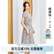 恒源祥純棉碎花連衣裙女夏季新款短袖田園風(fēng)休閑印花收腰系帶中長裙 綠色 L /165/88A