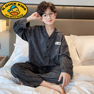 G.DUCKKIDS男童睡衣春秋款棉2025中大兒童家居服春季8長袖9孩棉10兩件套裝12 深灰色 315純棉條紋款 130 cm 建議身高125cm左右
