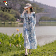 啄木鳥(niǎo)棉麻碎花短袖A字裙女夏復(fù)古亞麻大碼寬松顯瘦連衣裙 修身藍(lán)花修/身 XL 【125-140斤】