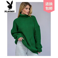 花花公子（PLAYBOY）品牌歐美2025秋冬新款高領(lǐng)女式毛衣大碼寬松落肩純色女式針織 綠色 均碼