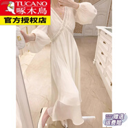 啄木鳥法式小香風(fēng)長袖連衣裙女春季大碼胖mm高級感超仙氣顯瘦雪紡長裙子 圖片色 M[建議80-100斤] 均碼