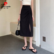 皮爾卡丹（pierre cardin）褶皺中長(cháng)款半身裙2025大碼女裝夏季新款顯瘦a字裙側開(kāi)叉百搭長(cháng)裙 黑色 M 建議90-105斤