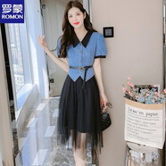 羅蒙（ROMON）夏季牛仔拼接網(wǎng)紗連衣裙子女裝2025年夏天新款超仙氣質(zhì)顯瘦仙女裙 黑色 2XL