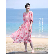 德瑪納【溫柔玫瑰】夏季飄逸75D雪紡珠印花圓領(lǐng)泡泡袖直筒女式連衣裙