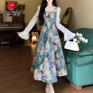 皮爾卡丹（pierre cardin）大碼女裝法式復(fù)古油畫碎花連衣裙秋冬新款感長袖宮廷風(fēng)長裙子 圖片色 M 95-105斤