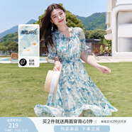 香影小清新v領(lǐng)碎花連衣裙女2025夏季新款木耳邊藍色泡泡袖雪紡裙 藍色 M