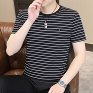 慈良冰絲條紋夏季潮流男裝圓領(lǐng)新款短袖T恤男半袖修身速干上衣服 黑色 XL (125斤-140斤)