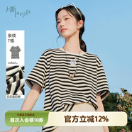 片斷T恤女2025夏季新款圓領(lǐng)條紋刺繡寬松藏肉chic休閑松弛上衣 黑白 L