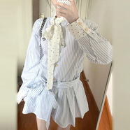 素織錦學院風連衣裙女裙子夏季新款韓系設(shè)計感長袖襯衫裙小個子收腰短裙 藍色條紋襯衫裙 L 【推薦體重110-130斤】