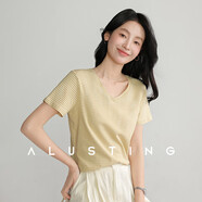 艾路絲婷2025年夏季新款V領(lǐng)短袖T恤女撞色條紋百搭休閑上衣 黃白條紋 L