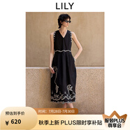 LILY2025夏新款女裝復(fù)古波西米亞風(fēng)棉麻飛鳥繡花無袖連衣裙小黑裙 510黑 S