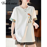 塔馳密司 TOUCH MISS高端黑色國(guó)風(fēng)短袖T恤女夏季新款圓領(lǐng)刺繡棉質(zhì)休閑百搭上衣女 仙女白 L 【130-155斤】