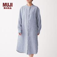 無(wú)印良品 MUJI 女式 法國(guó)亞麻水洗 立領(lǐng)連衣裙 BCL05C0S 深海軍藍(lán)X條紋 S