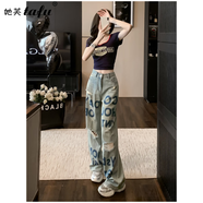她芙（tafu）品牌女裝時(shí)尚套裝女2025年夏季新款韓版印花T恤破洞牛仔褲兩件套 寶藍T+淺藍牛仔褲 L 111-120斤