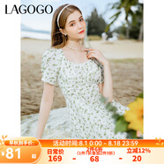 lagogo方領(lǐng)法式碎花連衣裙女拉谷谷春夏新款收腰顯瘦泡泡袖長裙 混色(Y0) M 160/38