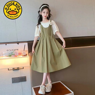 G.DUCKKIDS女童娃娃領(lǐng)連衣裙夏季新款大童學(xué)院風(fēng)韓版裙子兒童裝假兩件背帶裙 8809豆綠色 170 建議身高160-170年齡14-15歲
