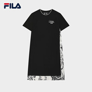 FILA 女子針織連衣裙2025秋季新款時尚休閑舒適拼接T恤裙 正黑色-BK L 170/88A/L