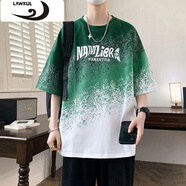 浪古 LAWKUL冰絲涼感短袖t恤男夏季潮牌漸變五分半袖男寬松上衣服青少年體恤 綠色 XL