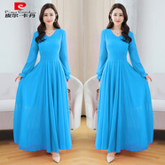 皮爾卡丹2025雙層大擺色長(cháng)袖中長(cháng)款跳舞雪紡連衣裙過(guò)膝度假沙灘大碼長(cháng)裙 天藍色 2XL 【建議125-135斤