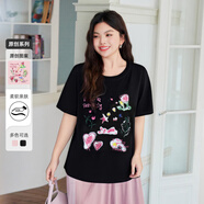慕姍詩怡（MsShe）【刺繡印花上衣】MsShe大碼女裝2025夏裝胖mm顯瘦寬松短袖T恤 黑色現(xiàn)貨 XL
