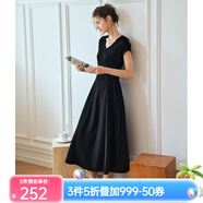 Olrain歐芮兒深灰色連衣裙女裝夏季新款時(shí)尚收腰顯瘦傘擺裙子 黑色 S