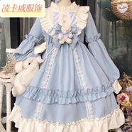凌卡戚連衣裙2020新款長(cháng)款學(xué)生韓版寬松lolita裙op長(cháng)袖洛麗塔裙子全套萌 藍色連衣裙+蝴蝶結小熊公仔 L(大碼)