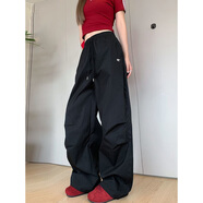 趣米樂(lè )美式潮流闊腿工裝褲女夏季薄款小個(gè)子高腰寬松顯瘦直筒運動(dòng)休閑褲 黑色 M 【建議90-110斤】