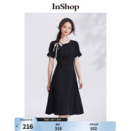 InShop【商場同款】新款氣質(zhì)連衣裙女高級感純色修身褶皺中長裙 黑色 S