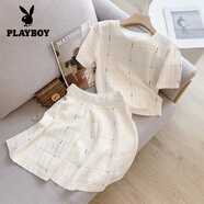花花公子（PLAYBOY）小香風(fēng)冰絲針織套裝女圓領(lǐng)短裙2025夏季新款短袖T恤半身裙兩件套 官方旗艦白色 S