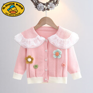G.duck女童毛衣開(kāi)衫春秋裝新款洋氣娃娃領(lǐng)針織衫寶寶春秋嬰幼兒外套上衣 蕾絲粉色 110 cm