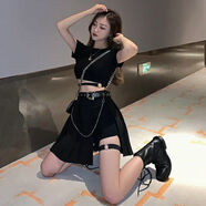 三棲虎朋克風(fēng)女裝工裝半身裙女夏季酷帥氣bf嘻哈街頭朋克爵士蹦迪酷女孩 圓環(huán)T恤+單環(huán)短褲+黑色裙+腰帶 S