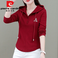皮爾卡丹（pierre cardin）2025年春秋季新款連帽T恤長袖打底衫女媽m媽裝顯瘦百搭上衣薄外套 酒紅色【單一件】 偏深今年流行 M 80-95