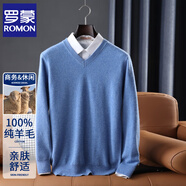 羅蒙（ROMON）羊毛衫男士秋冬季新款圓領(lǐng)寬松純色加厚保暖絨針織衫套頭內(nèi)搭毛衣 淺藍(lán)色V S