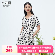 水云間v領(lǐng)收腰連衣裙女2025夏季新款不規(guī)則設(shè)計(jì)感印花茶歇連衣裙 黑花 M