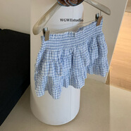 WGWE百搭收腰顯瘦格子蛋糕裙女春夏小個(gè)子甜美a字蓬蓬半身裙短裙 藍白格 S