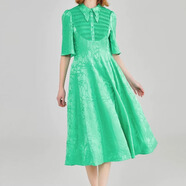 岸香絲縷清新綠真絲暗紋提花POLO領(lǐng)撞色喬其打條喇叭袖田園連衣裙AE2139 翠幕拂綠（G33） S