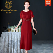 鹿王戀雪高端喜婆婆婚宴裝敬酒服中長(cháng)款夏季短袖連衣裙薄婚禮媽媽禮服裙子 酒紅色短袖收腰裙擺款夏 建議身 M 碼建議90-100斤